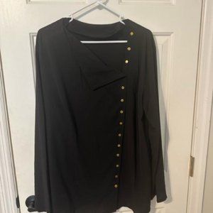 Black dress shirt with gold button detail.